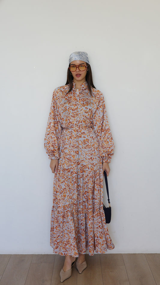 שמלת מקסי קלוש קומות איוונקה | תכלת/כתום