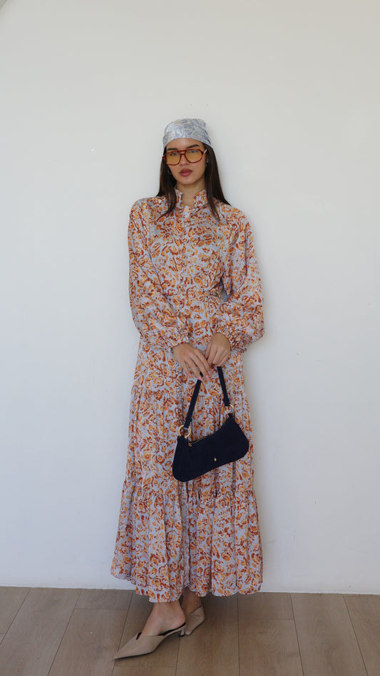 שמלת מקסי קלוש קומות איוונקה | תכלת/כתום