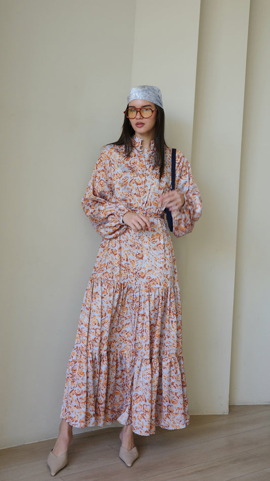 שמלת מקסי קלוש קומות איוונקה | תכלת/כתום