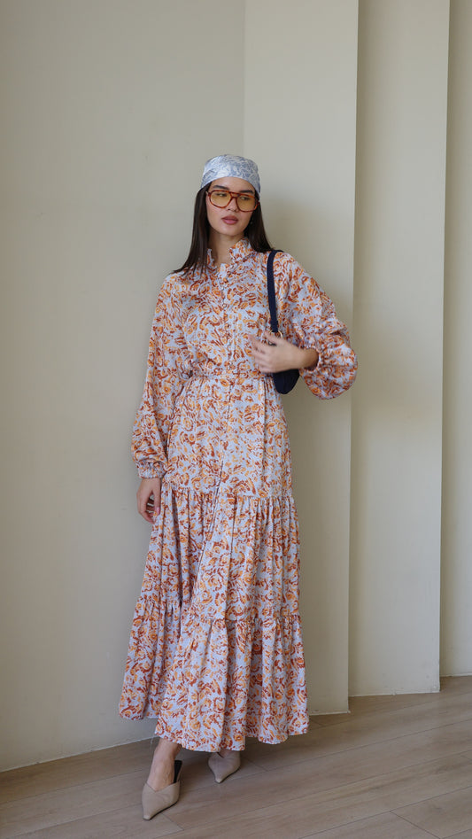 שמלת מקסי קלוש קומות איוונקה | תכלת/כתום