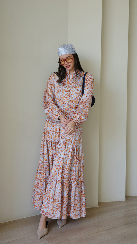 שמלת מקסי קלוש קומות איוונקה | תכלת/כתום