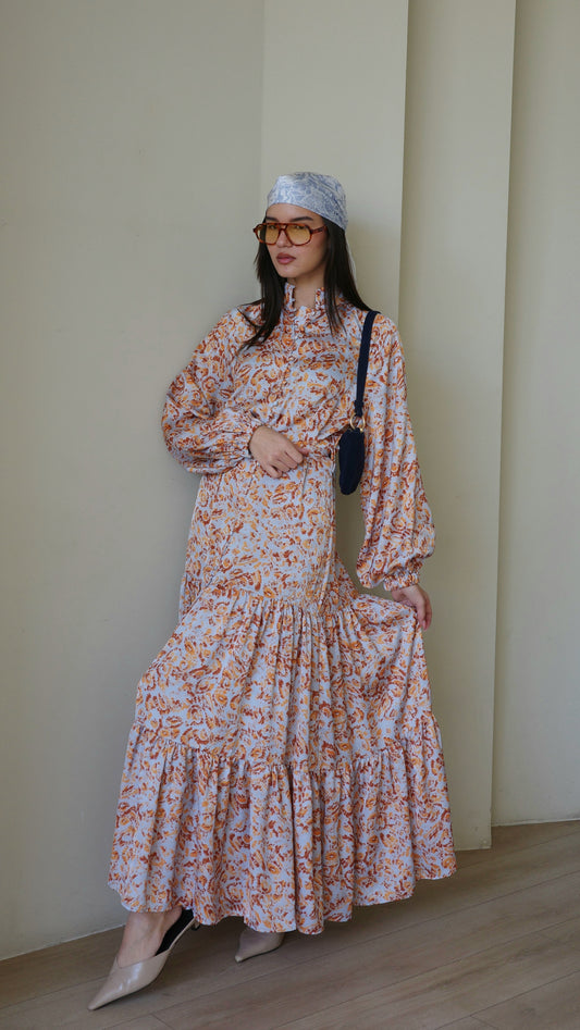 שמלת מקסי קלוש קומות איוונקה | תכלת/כתום