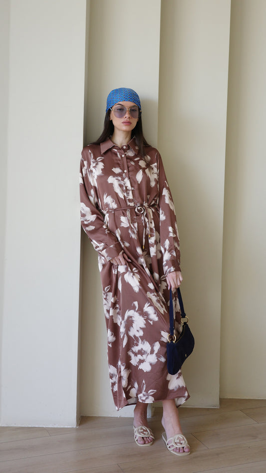 שמלת מקסי גלביה קלאסי פרח | חום