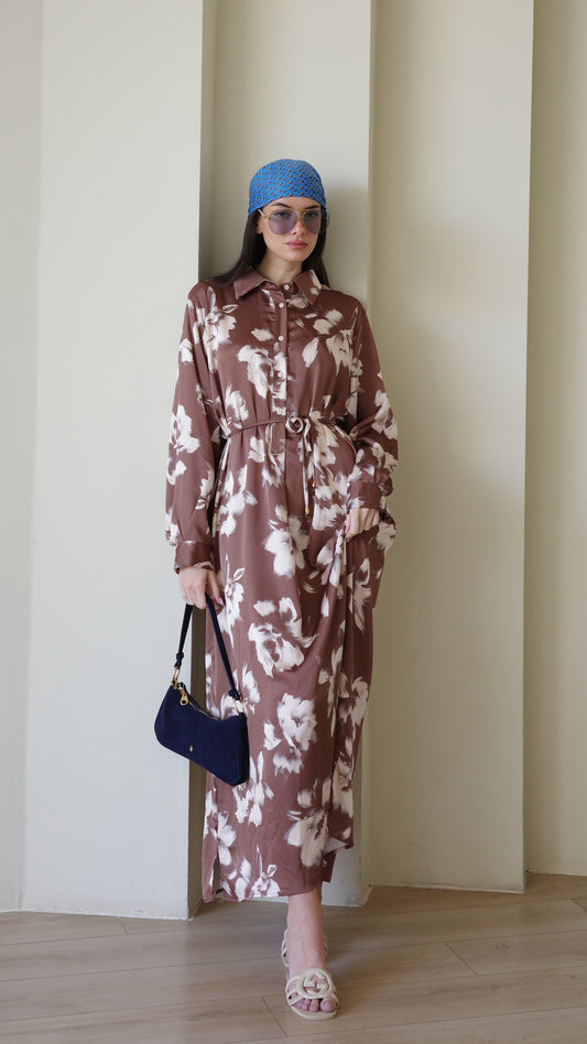 שמלת מקסי גלביה קלאסי פרח | חום