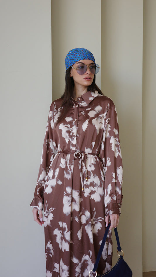 שמלת מקסי גלביה קלאסי פרח | חום