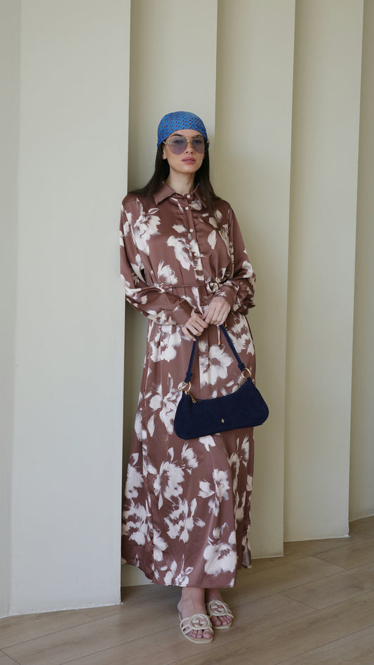 שמלת מקסי גלביה קלאסי פרח | חום