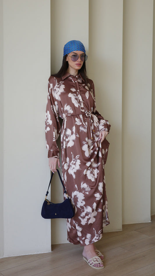 שמלת מקסי גלביה קלאסי פרח | חום