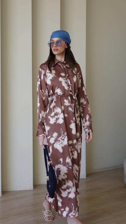 שמלת מקסי גלביה קלאסי פרח | חום