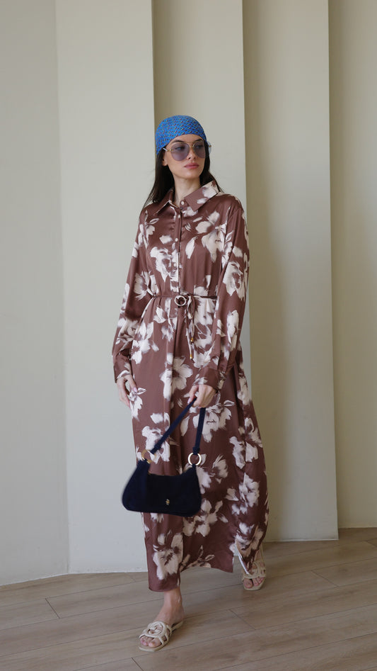 שמלת מקסי גלביה קלאסי פרח | חום