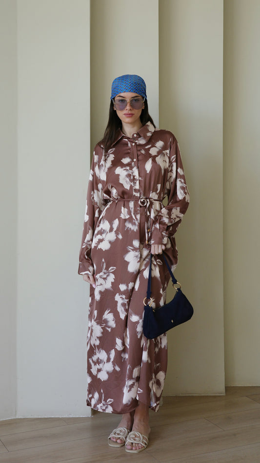 שמלת מקסי גלביה קלאסי פרח | חום