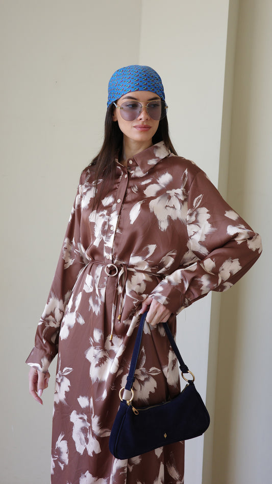 שמלת מקסי גלביה קלאסי פרח | חום