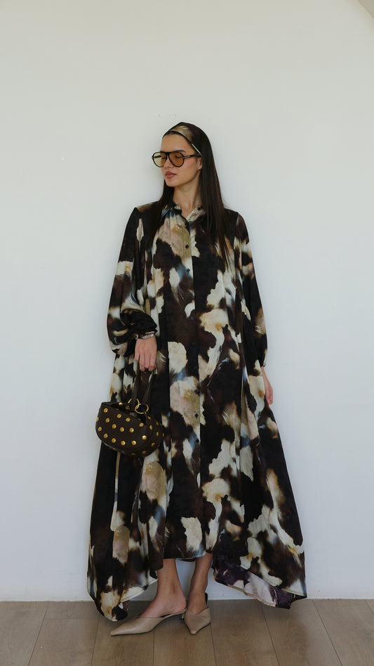 שמלת מקסי אוברסייז כפתורים ניקולה | חום/בז