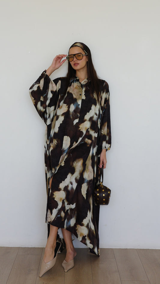 שמלת מקסי אוברסייז כפתורים ניקולה | חום/בז