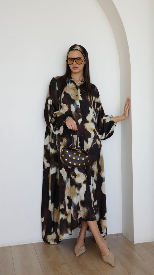 שמלת מקסי אוברסייז כפתורים ניקולה | חום/בז