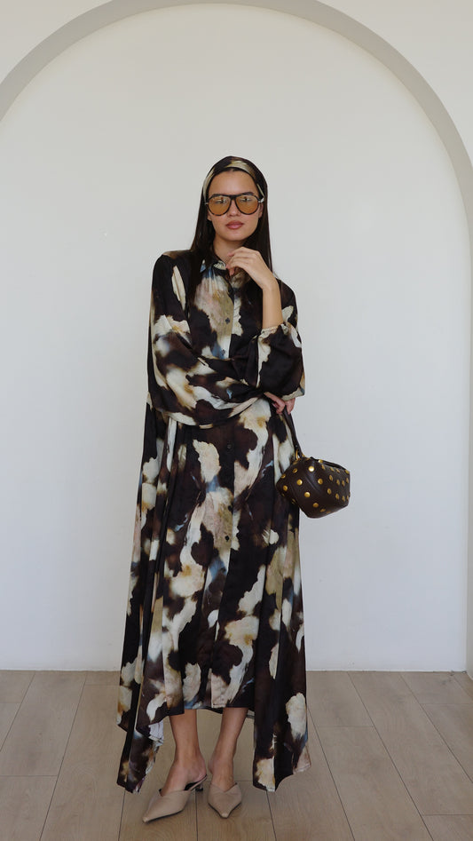 שמלת מקסי אוברסייז כפתורים ניקולה | חום/בז