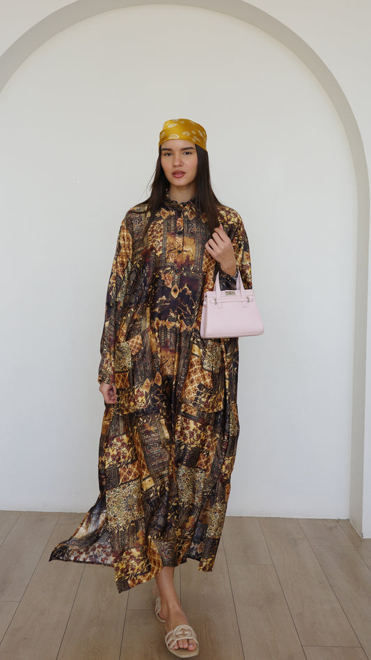 שמלת אוברסיז עטלף כריסטינה | חום/זהב