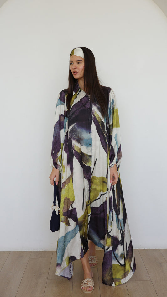 שמלת מקסי אוברסייז כפתורים ניקולה | שמנת/ירוק