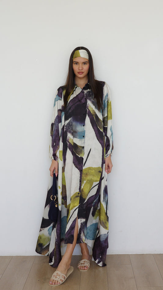 שמלת מקסי אוברסייז כפתורים ניקולה | שמנת/ירוק