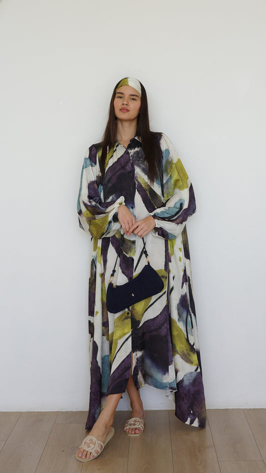 שמלת מקסי אוברסייז כפתורים ניקולה | שמנת/ירוק