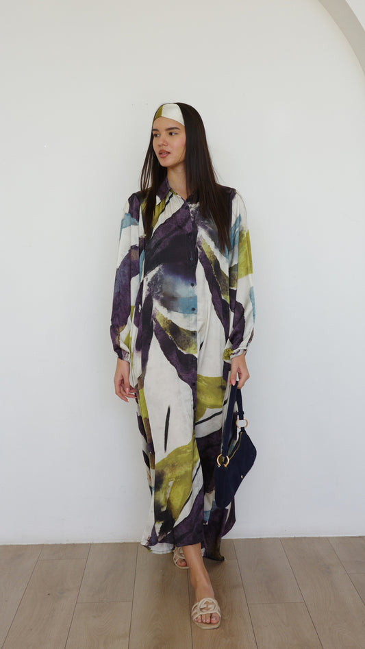 שמלת מקסי אוברסייז כפתורים ניקולה | שמנת/ירוק