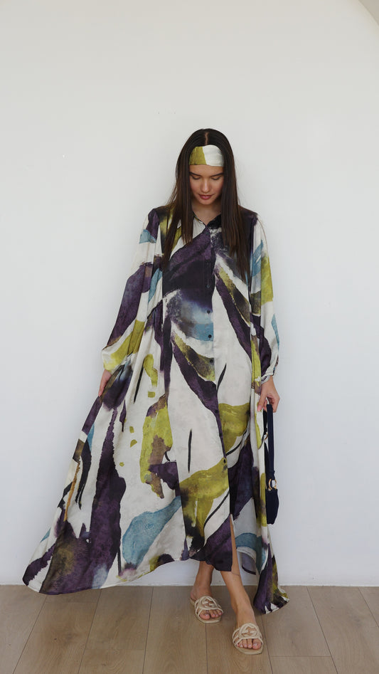 שמלת מקסי אוברסייז כפתורים ניקולה | שמנת/ירוק