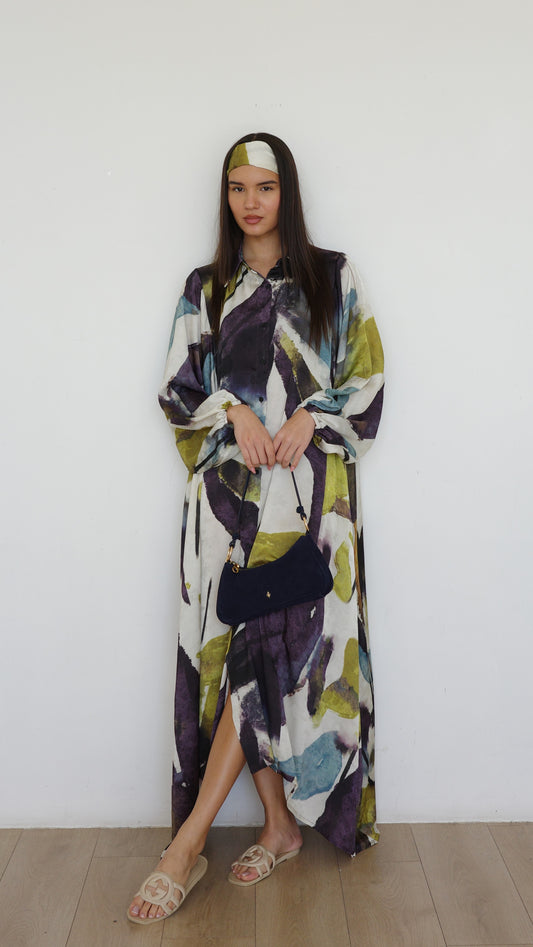 שמלת מקסי אוברסייז כפתורים ניקולה | שמנת/ירוק