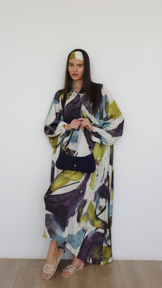 שמלת מקסי אוברסייז כפתורים ניקולה | שמנת/ירוק