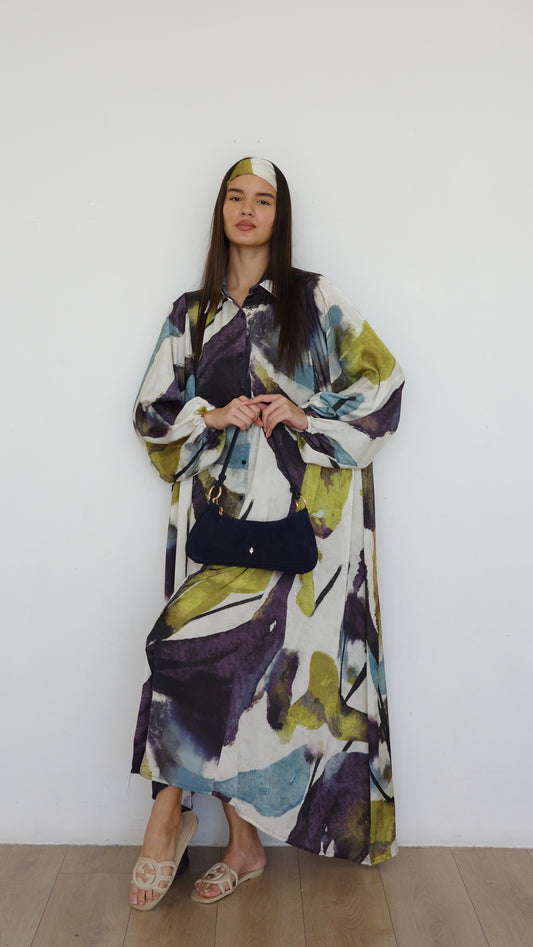 שמלת מקסי אוברסייז כפתורים ניקולה | שמנת/ירוק