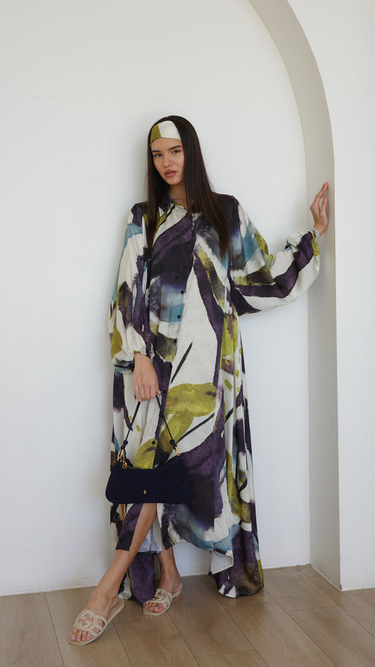 שמלת מקסי אוברסייז כפתורים ניקולה | שמנת/ירוק