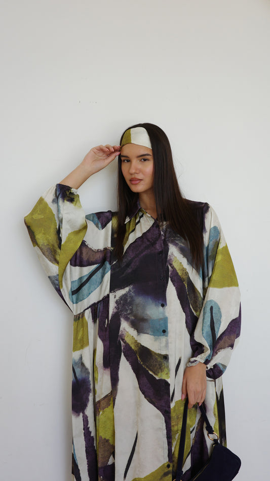 שמלת מקסי אוברסייז כפתורים ניקולה | שמנת/ירוק