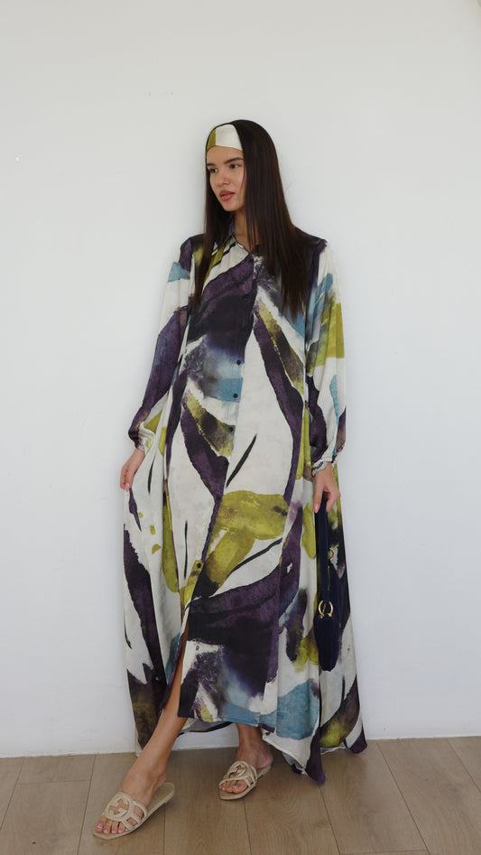 שמלת מקסי אוברסייז כפתורים ניקולה | שמנת/ירוק