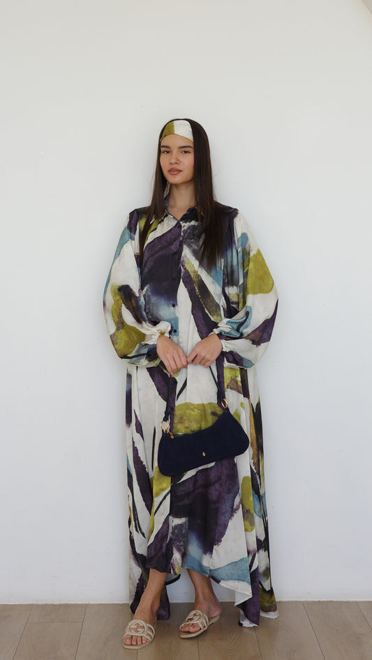 שמלת מקסי אוברסייז כפתורים ניקולה | שמנת/ירוק