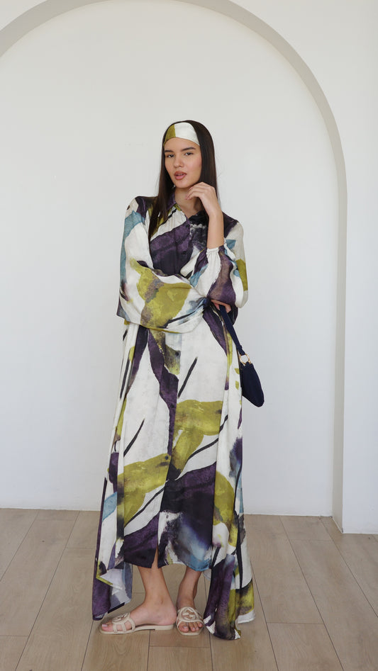 שמלת מקסי אוברסייז כפתורים ניקולה | שמנת/ירוק