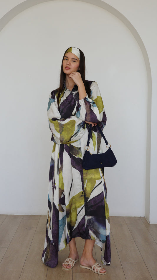 שמלת מקסי אוברסייז כפתורים ניקולה | שמנת/ירוק