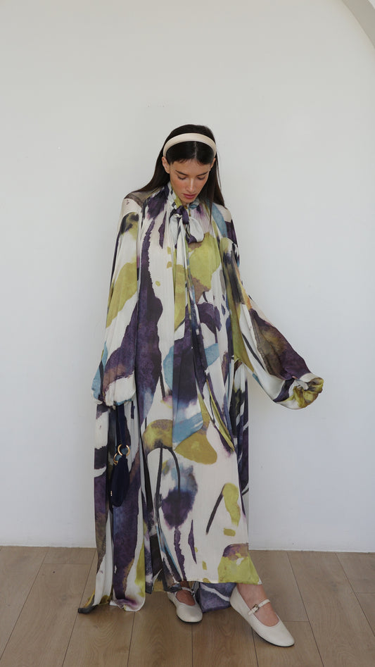 שמלת מקסי אוברסייז עניבה דונטלה | שמנת/ירוק