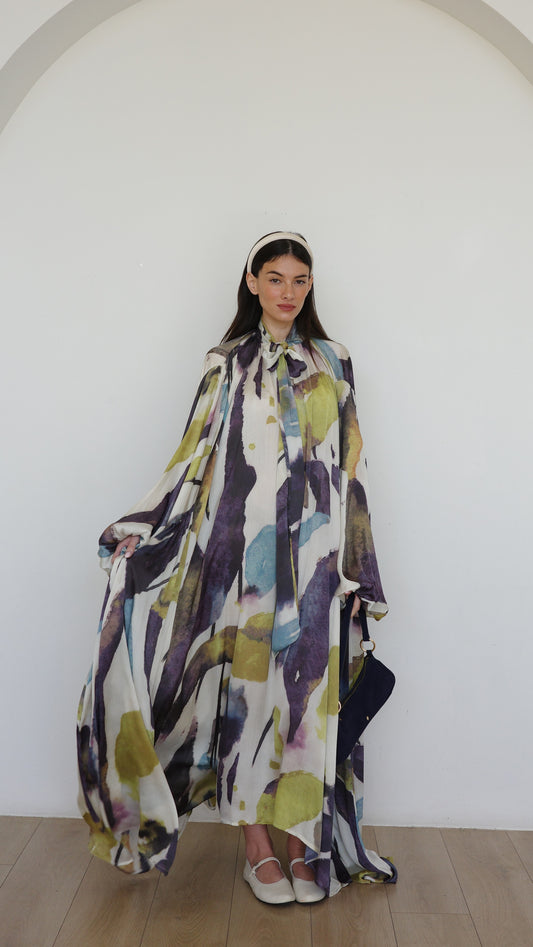 שמלת מקסי אוברסייז עניבה דונטלה | שמנת/ירוק