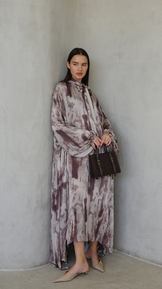 שמלת מקסי אוברסייז עניבה דונטלה | חום/אפור