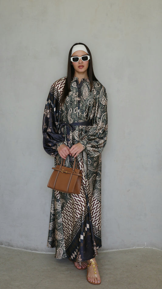 שמלת קלוש אוברסייז כפתורים סידני | ירוק/חום