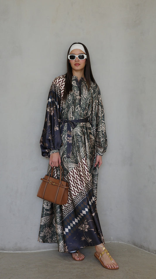 שמלת קלוש אוברסייז כפתורים סידני | ירוק/חום