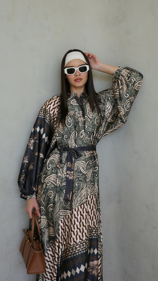 שמלת קלוש אוברסייז כפתורים סידני | ירוק/חום