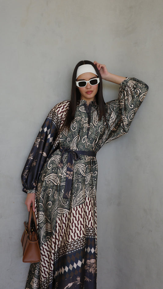 שמלת קלוש אוברסייז כפתורים סידני | ירוק/חום