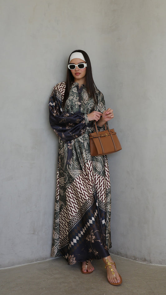 שמלת קלוש אוברסייז כפתורים סידני | ירוק/חום