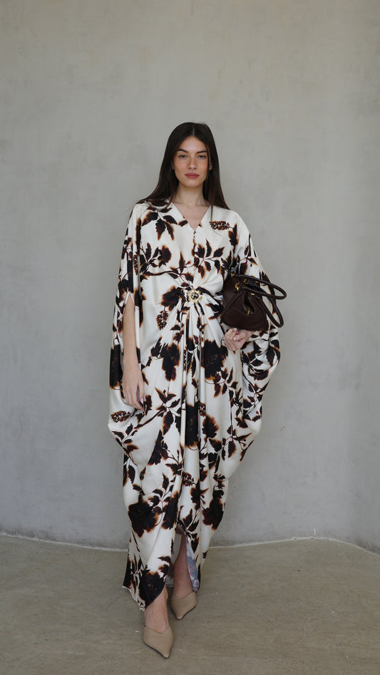 שמלת עטלף כיווצים אבזם פירנצה | בז/חום