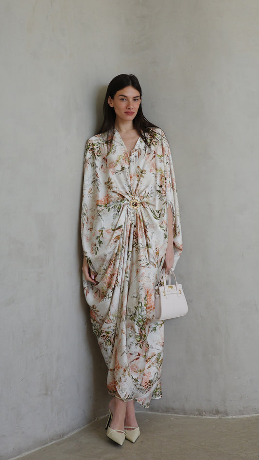 שמלת עטלף כיווצים אבזם פירנצה | שמנת/ירוק