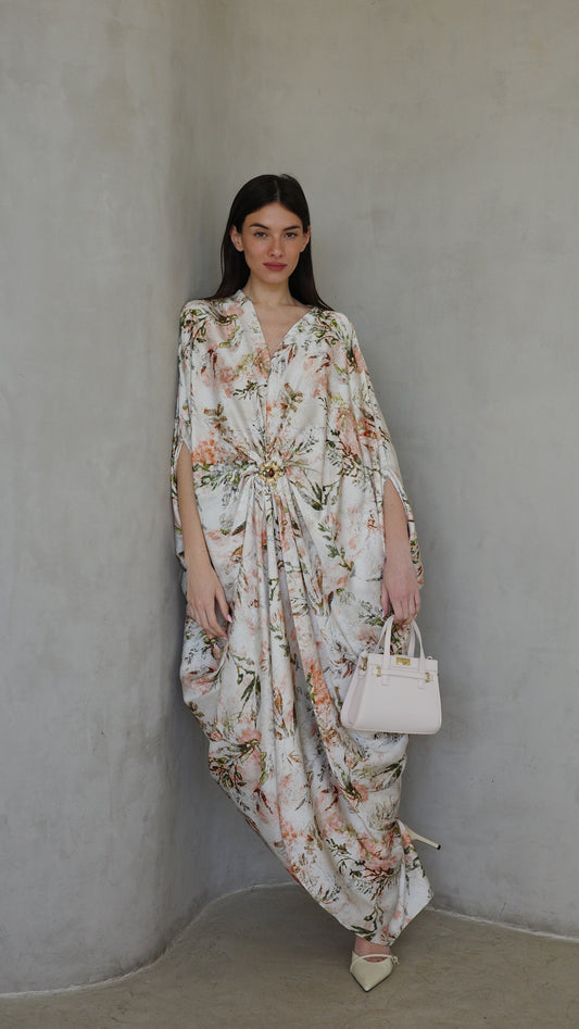 שמלת עטלף כיווצים אבזם פירנצה | שמנת/ירוק