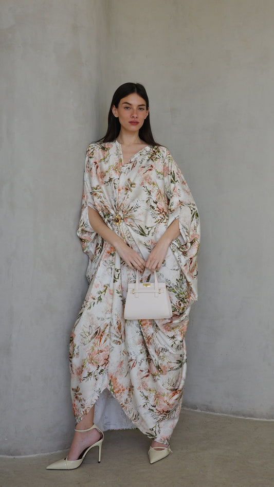 שמלת עטלף כיווצים אבזם פירנצה | שמנת/ירוק