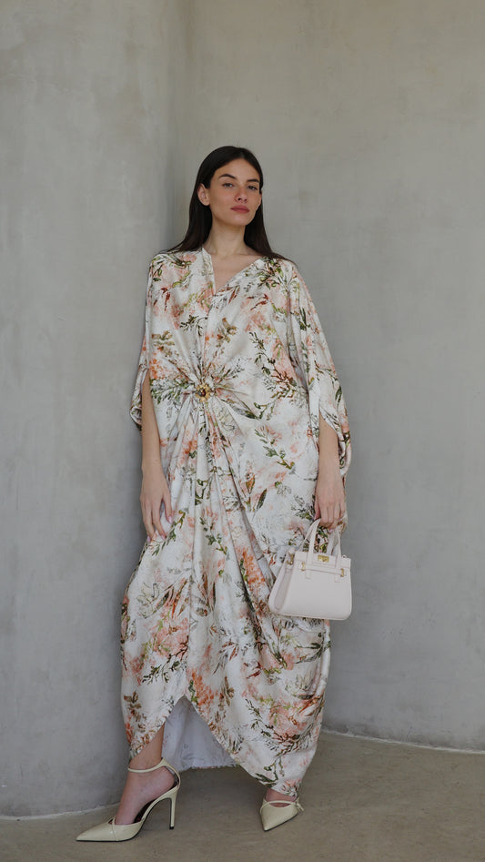 שמלת עטלף כיווצים אבזם פירנצה | שמנת/ירוק