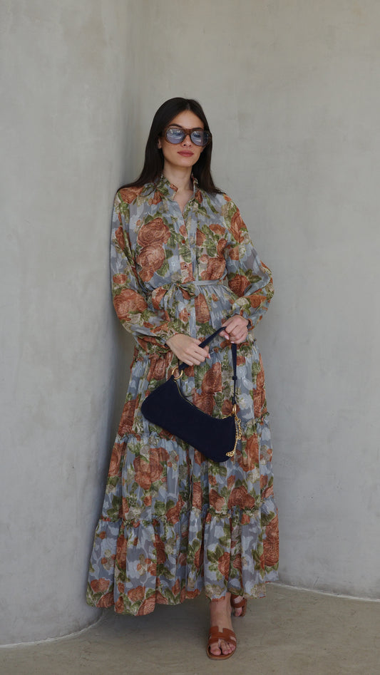 שמלת שיפון קלוש קומות פלווארס נויה | אפור/ירוק