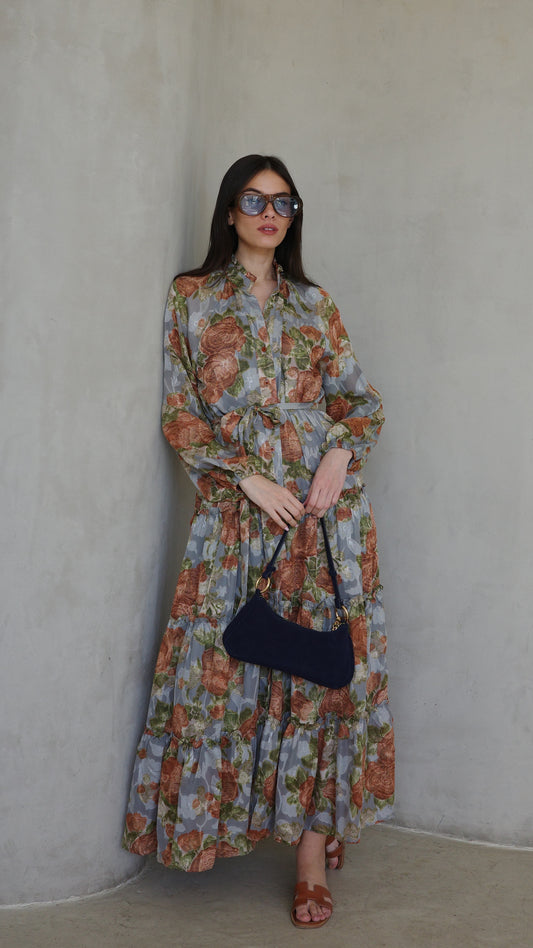 שמלת שיפון קלוש קומות פלווארס נויה | אפור/ירוק