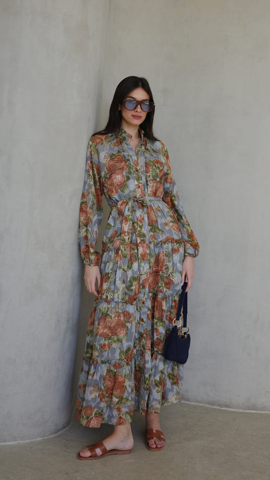 שמלת שיפון קלוש קומות פלווארס נויה | אפור/ירוק